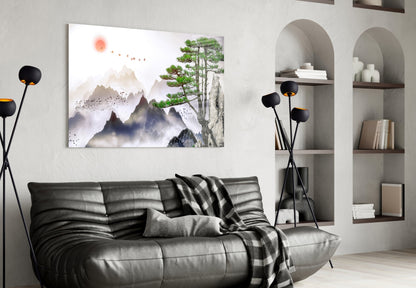 Modern living room with misty mountain landscape glass art above black leather sofa and decorative floor lamp.