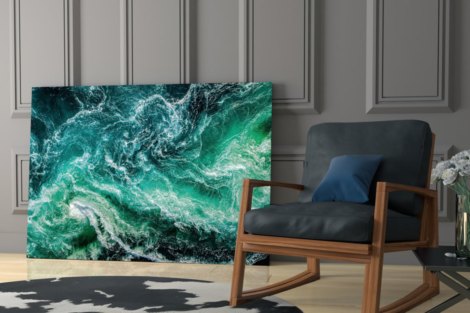 Green Waves Glass Wall Art displayed in a modern interior with a wooden-framed chair and paneled wall backdrop.