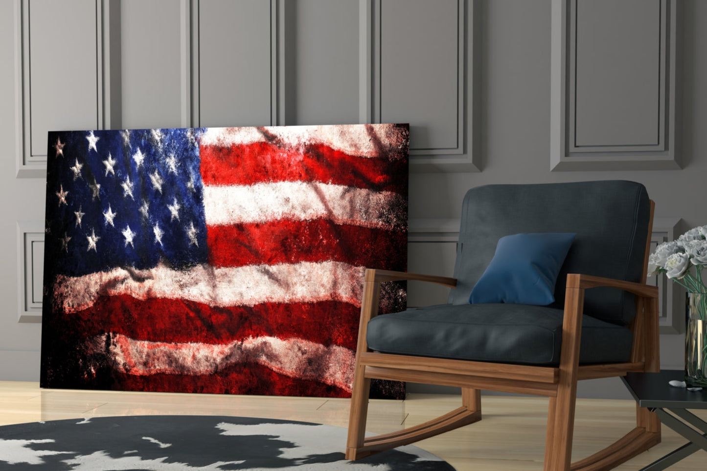 Distressed American flag glass wall art displayed in a modern living room beside a wooden rocking chair with dark cushions.