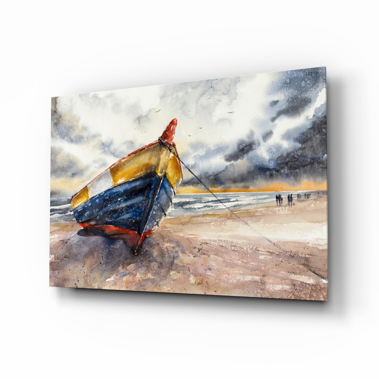 Colorful fishing boat with red, yellow, and blue hull beached on sand under stormy sky, displayed as glass wall art.