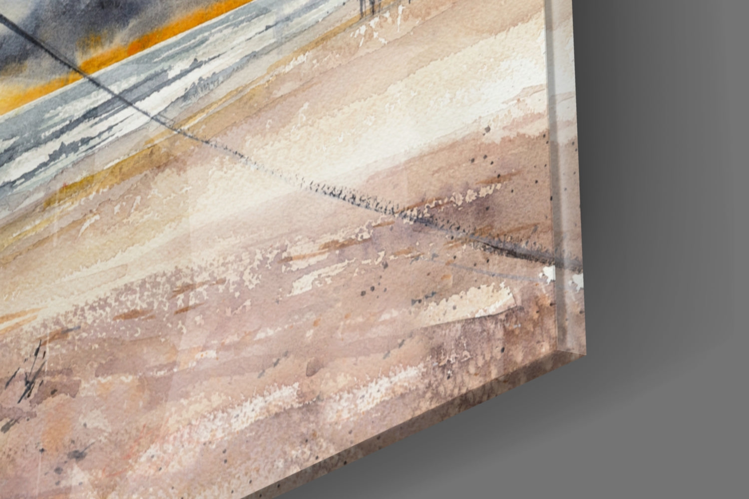 Close-up side view of layered glass wall art showing textured earth tones, cream, and rust colors with metal edging detail.