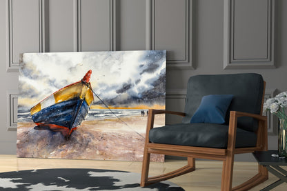 Colorful glass wall art depicting a beached fishing boat with yellow and blue hull and red trim against a cloudy sky, displayed in a modern living room setting.