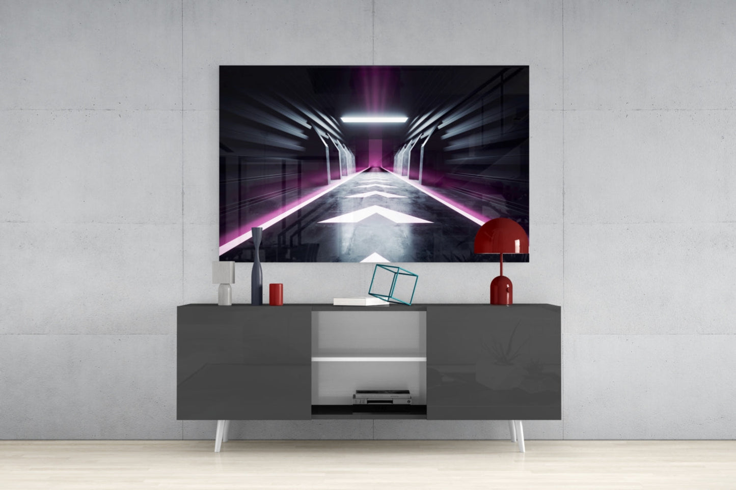 Modern TV console setup displaying neon corridor artwork with pink and white lighting on mounted screen above gray media unit.
