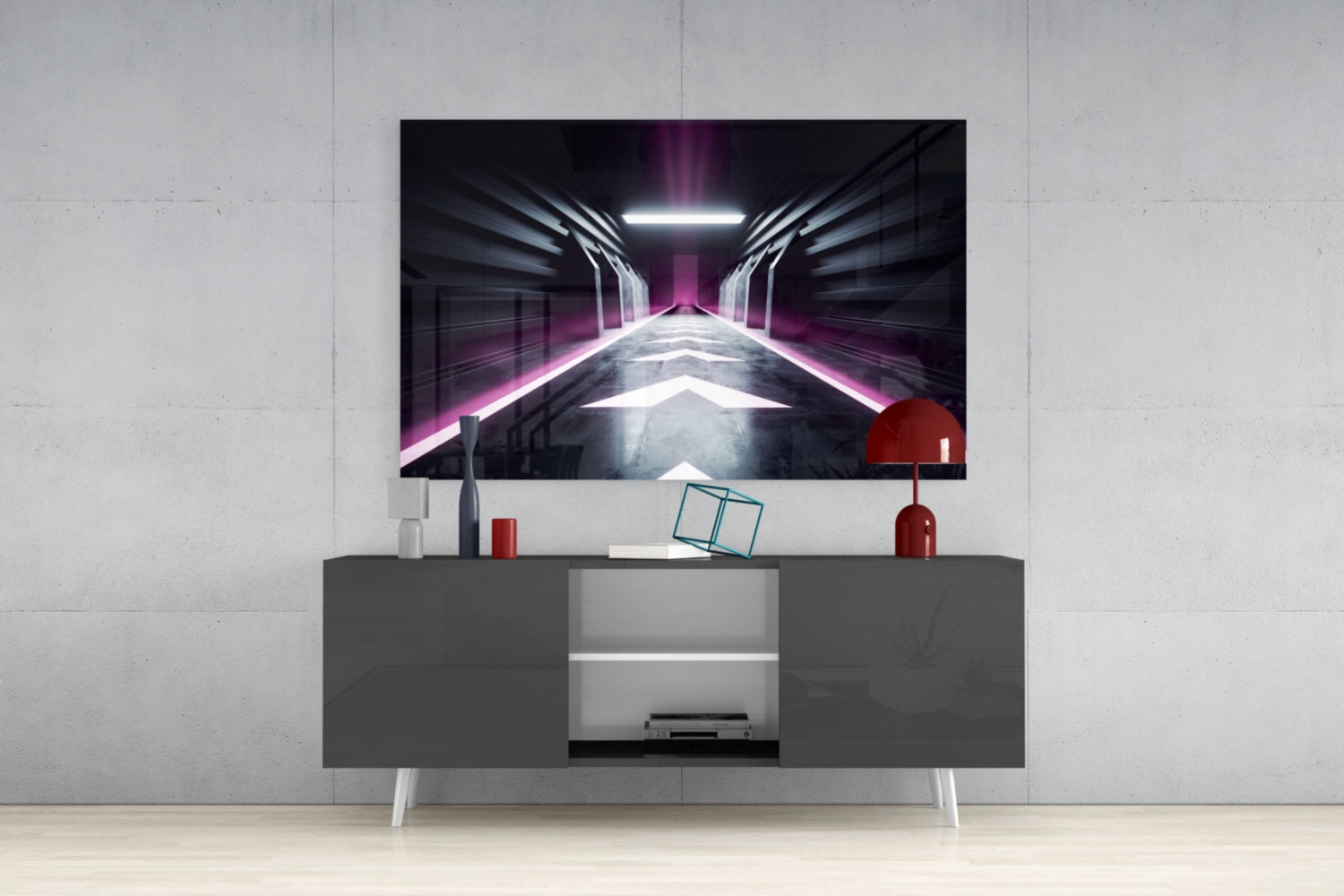 Modern TV console setup displaying neon corridor artwork with pink and white lighting on mounted screen above gray media unit.