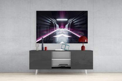 Modern TV console setup displaying neon corridor artwork with pink and white lighting on mounted screen above gray media unit.