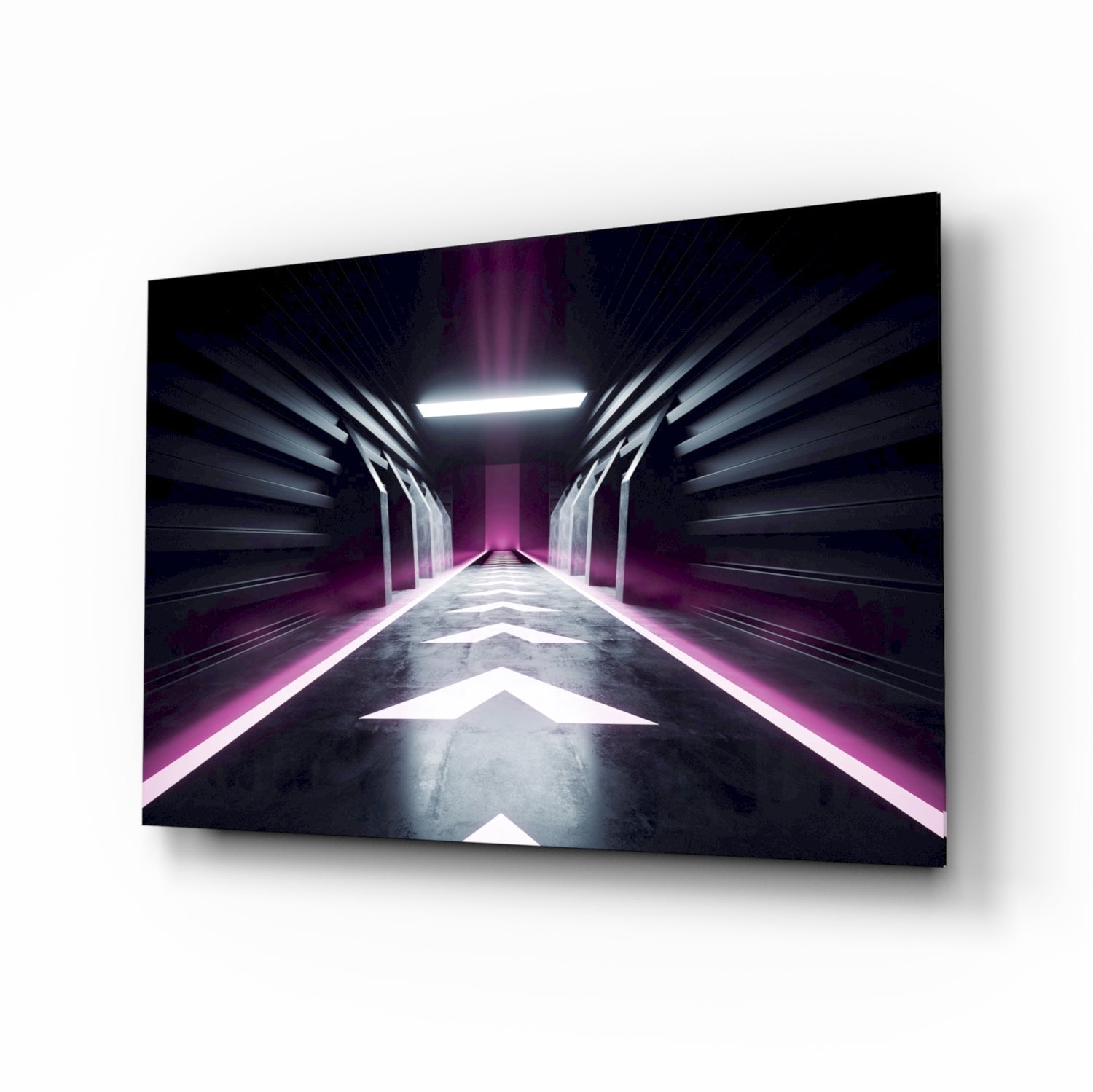 Perspective view of futuristic corridor with neon pink lighting, white chevron floor markings, and metallic dark walls.