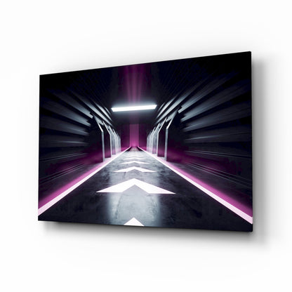 Perspective view of futuristic corridor with neon pink lighting, white chevron floor markings, and metallic dark walls.