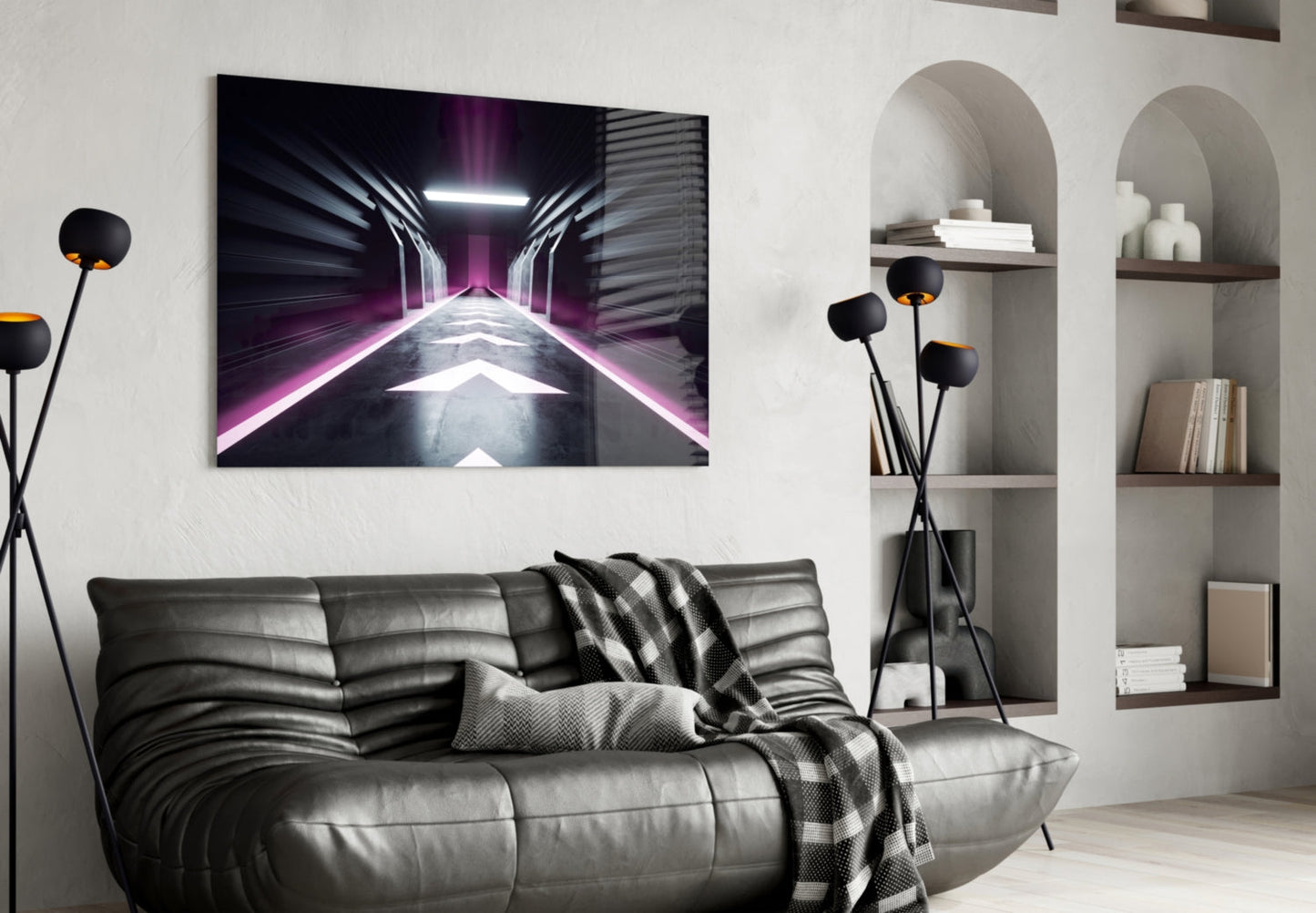 Modern living room interior with neon tunnel glass wall art featuring purple and white lighting above gray leather sofa.