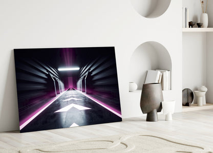 Neon Room glass wall art leaning against white wall, displaying purple and white glowing corridor perspective in minimalist interior setting.
