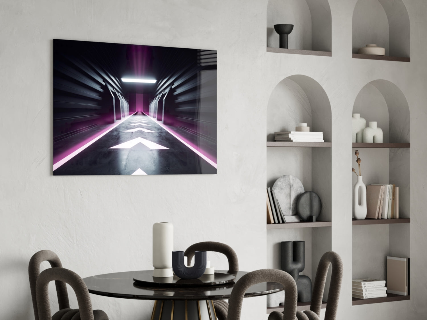 Neon Room glass wall art displaying a symmetrical tunnel with pink and white neon lighting effects mounted above a dining table.