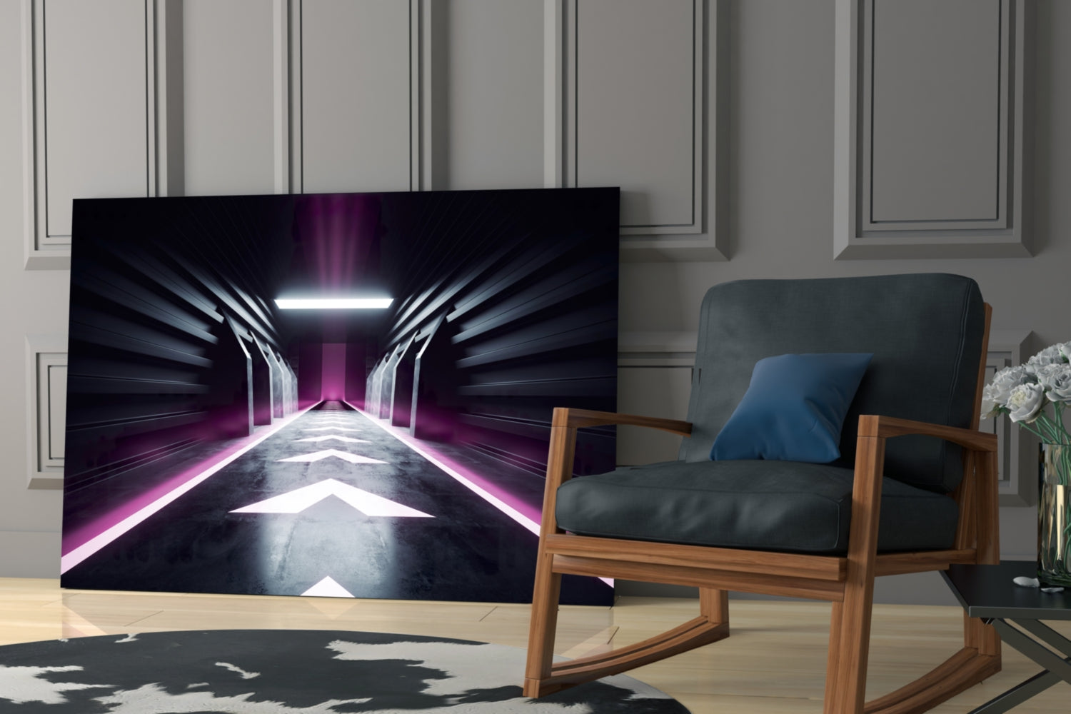Neon Room Glass Wall Art displaying a symmetrical tunnel with purple and white neon lighting effects on dark walls, installed in a modern living room setting.