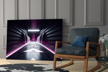 Neon Room Glass Wall Art displaying a symmetrical tunnel with purple and white neon lighting effects on dark walls, installed in a modern living room setting.