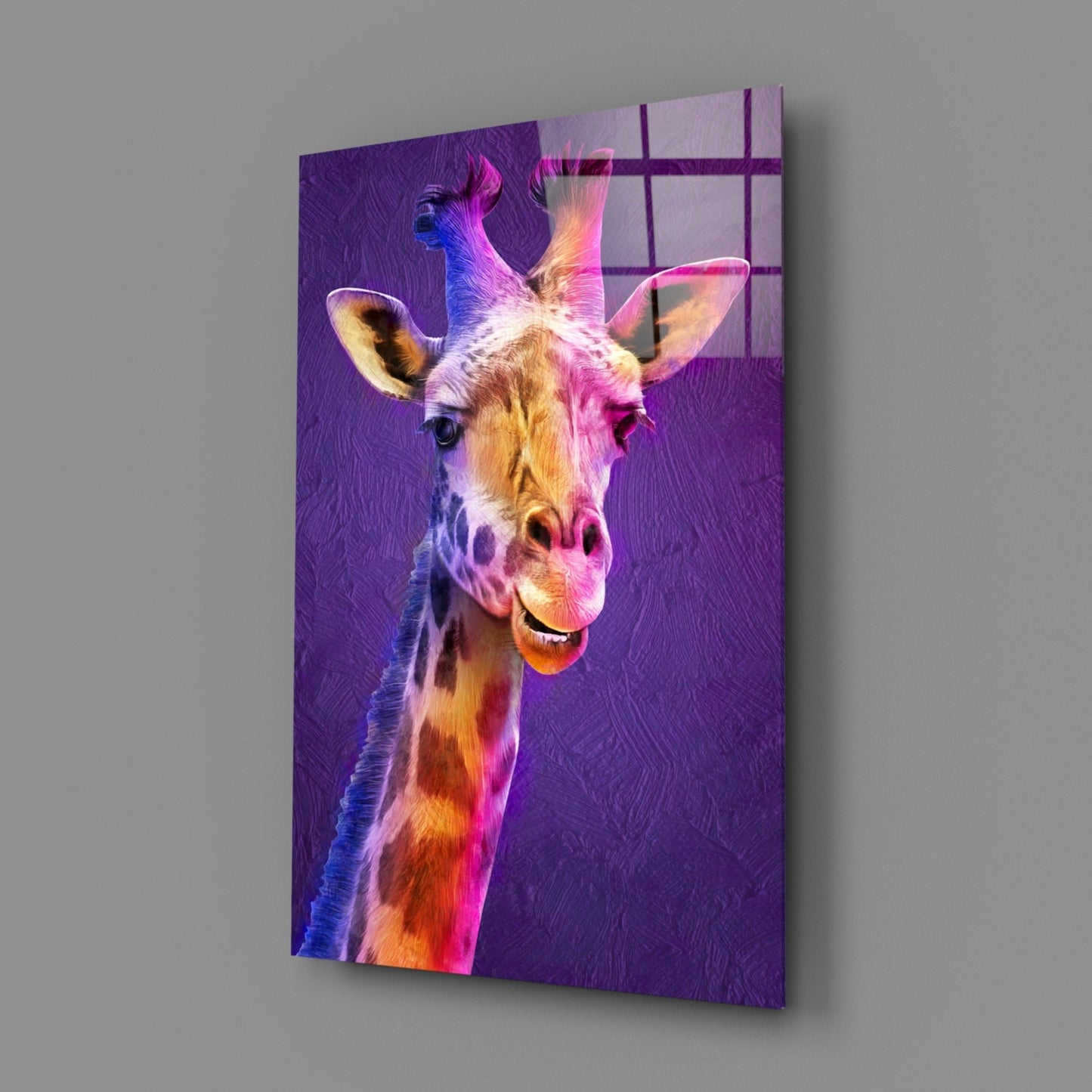Purple Pink Painted Giraffe Glass Wall Art