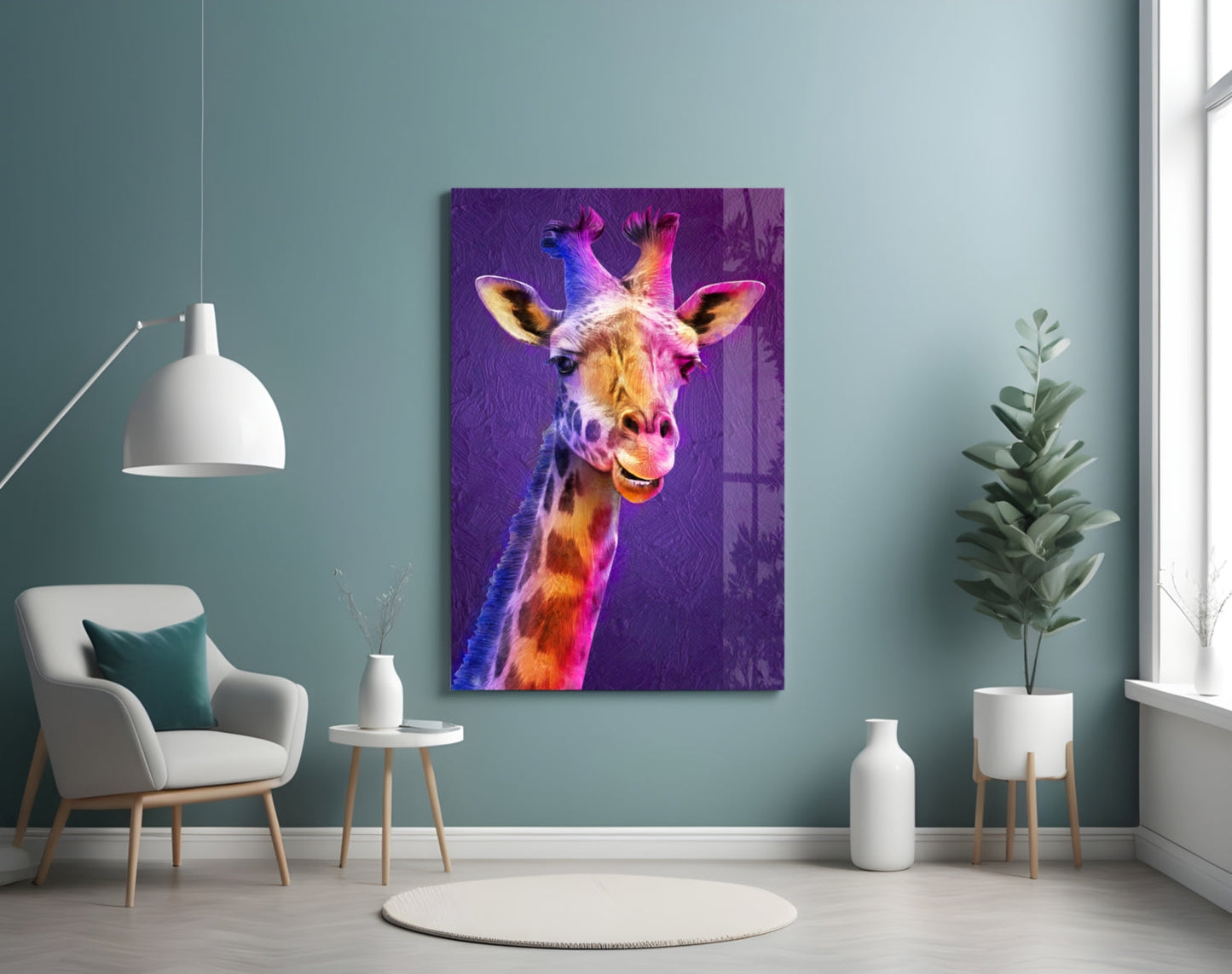 Purple Pink Painted Giraffe Glass Wall Art