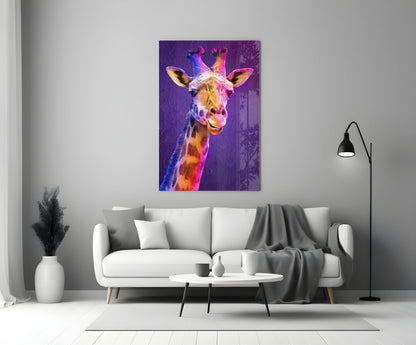 Purple Pink Painted Giraffe Glass Wall Art
