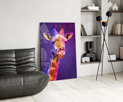 Purple Pink Painted Giraffe Glass Wall Art