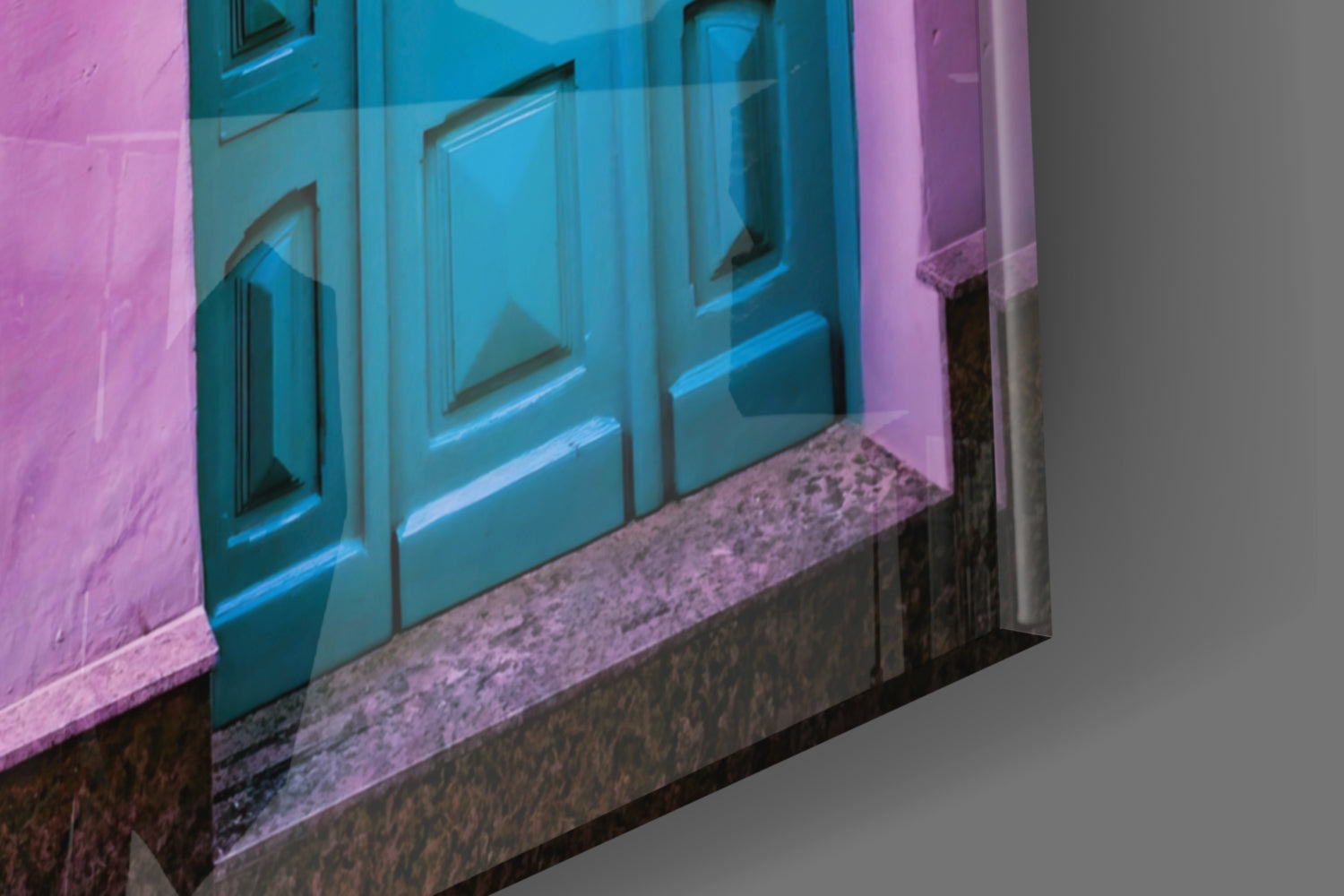 Three-dimensional perspective view of purple and teal glass wall art depicting an architectural doorway scene with colored walls and shadows.