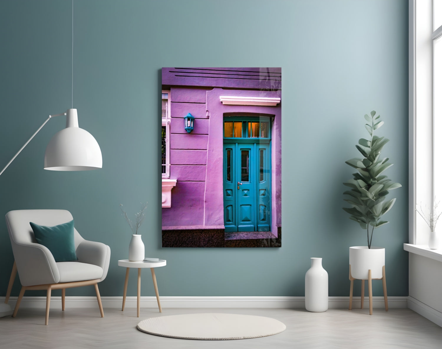Purple house glass wall art displayed above a white armchair in a styled room with turquoise walls and potted plants.