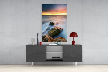 Coastal Rocks Misty Sunset Glass Wall Art