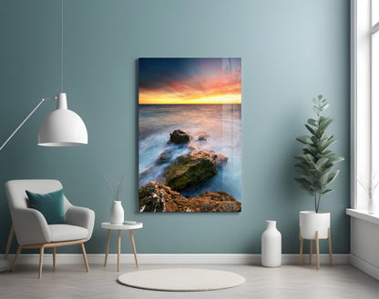 Coastal Rocks Misty Sunset Glass Wall Art