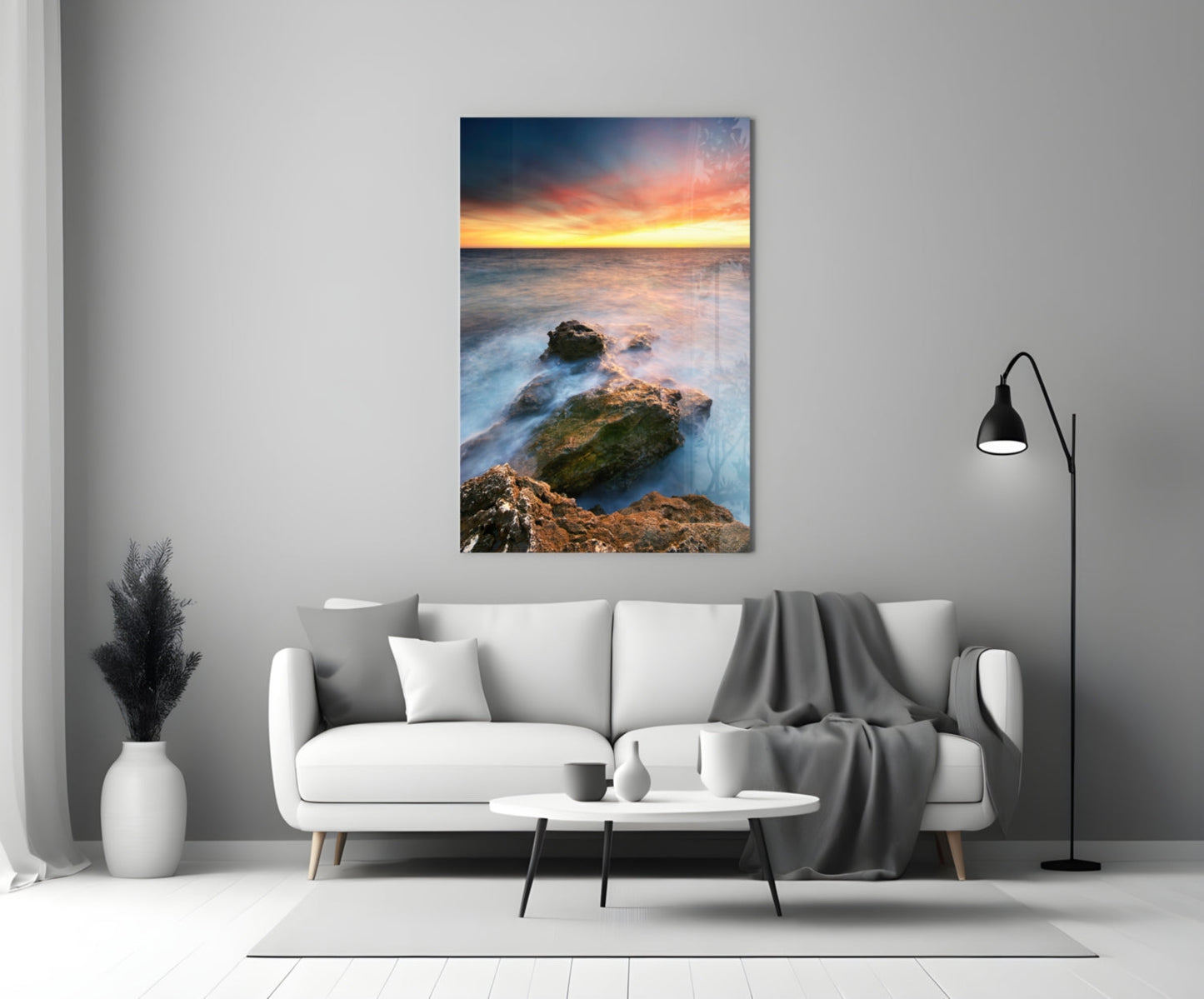 Coastal Rocks Misty Sunset Glass Wall Art