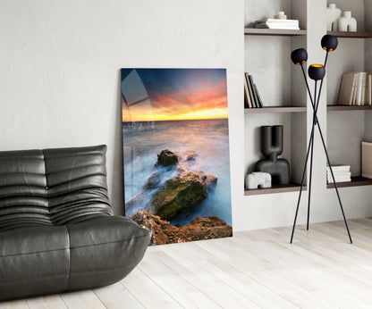 Coastal Rocks Misty Sunset Glass Wall Art