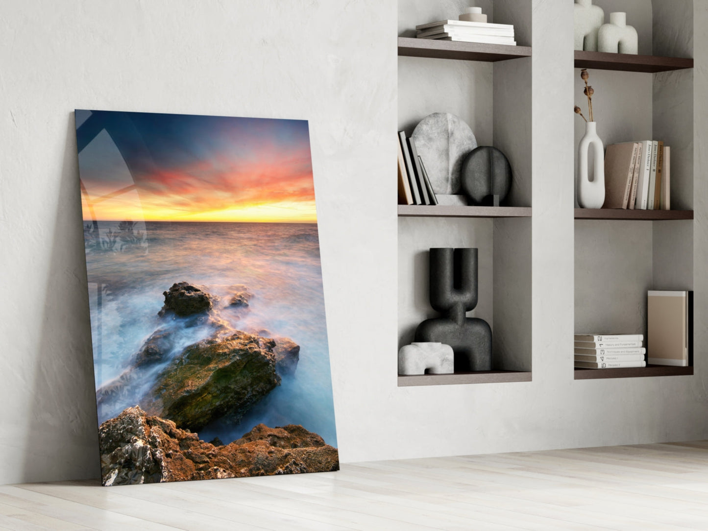 Coastal Rocks Misty Sunset Glass Wall Art
