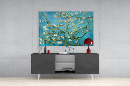 White Blossoms on Turquoise Sky Glass Wall Art