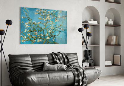 White Blossoms on Turquoise Sky Glass Wall Art