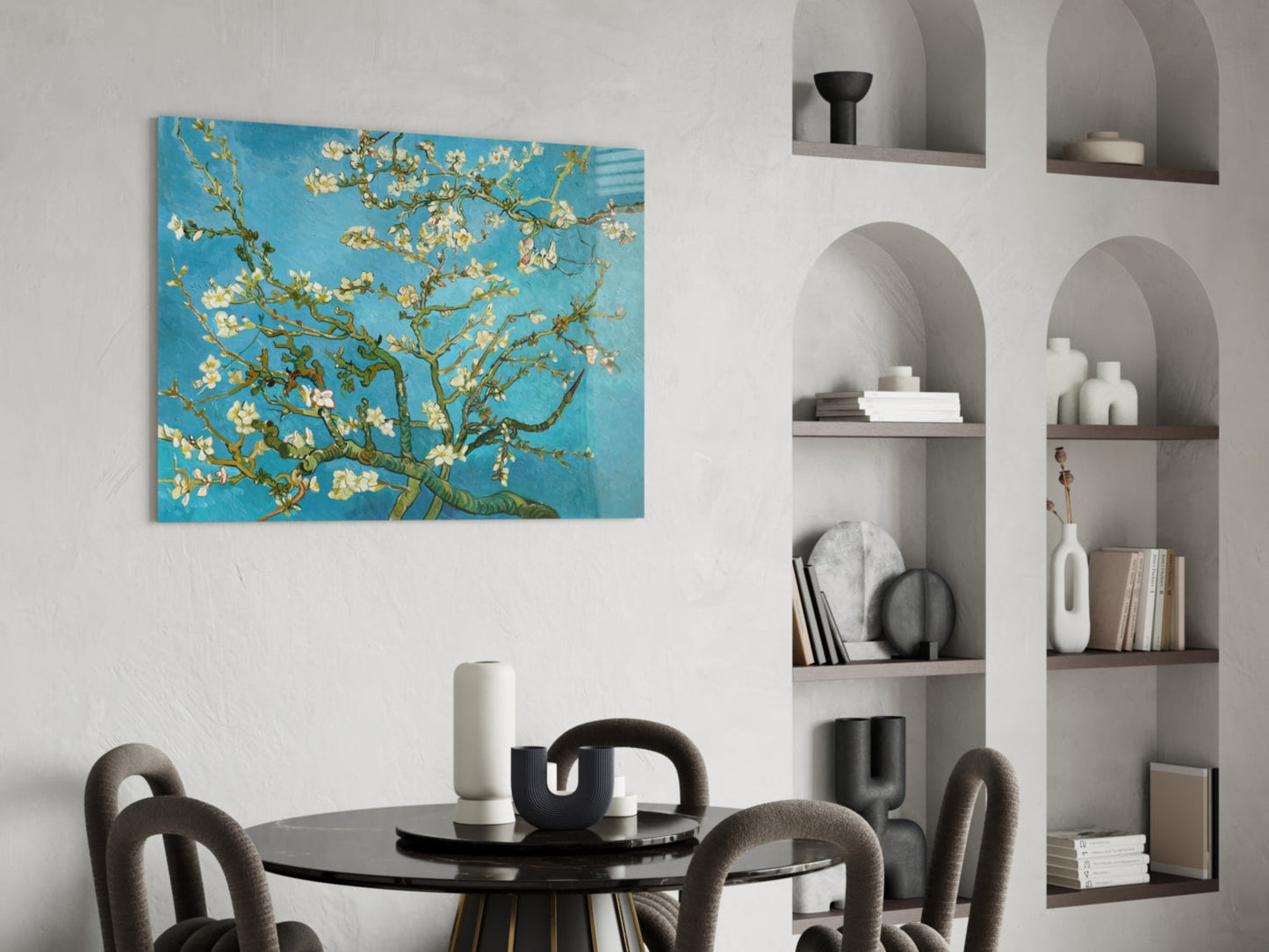 White Blossoms on Turquoise Sky Glass Wall Art
