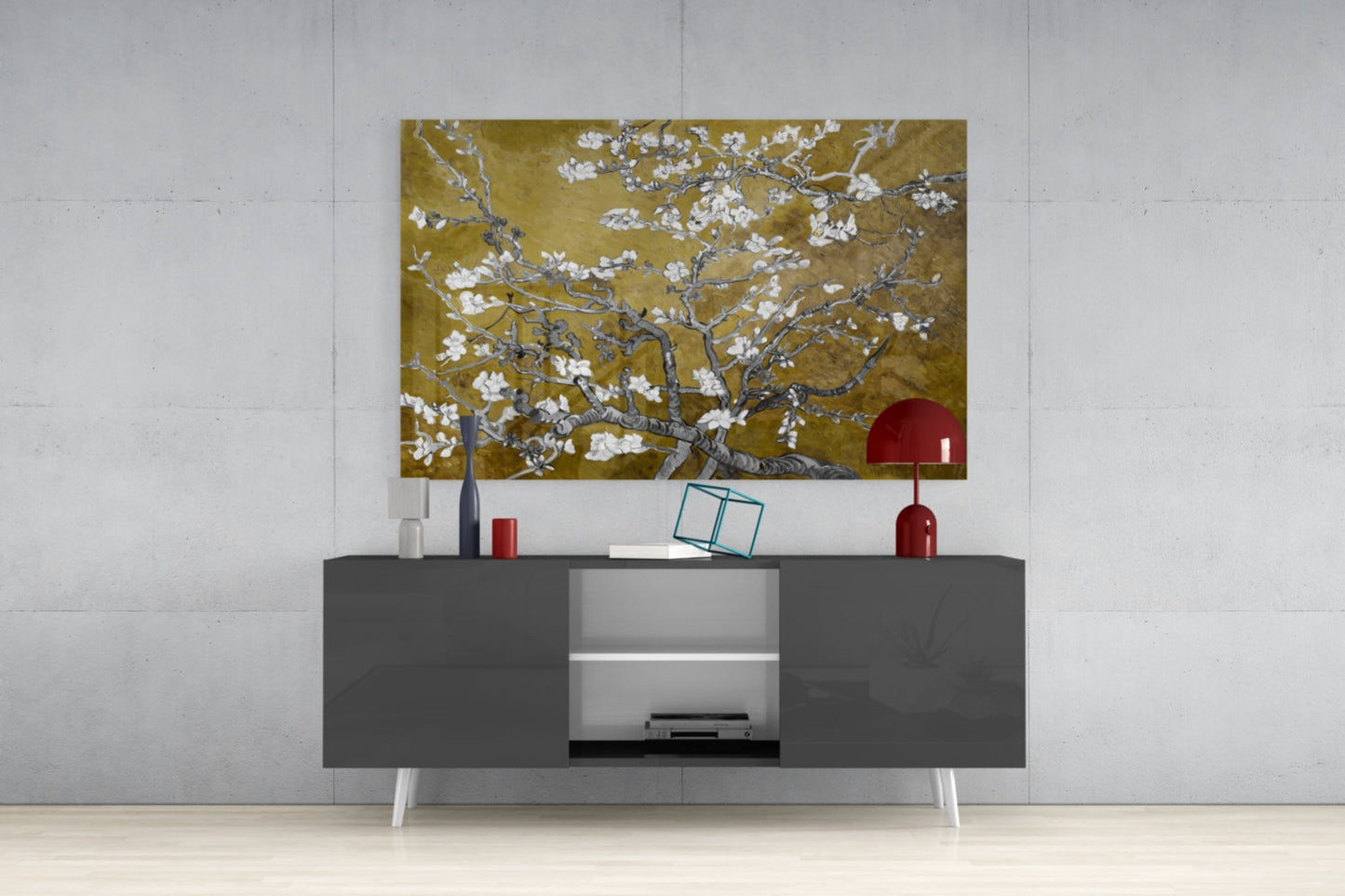 White Blossoms on Olive Gold Glass Wall Art