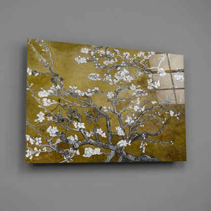 White Blossoms on Olive Gold Glass Wall Art