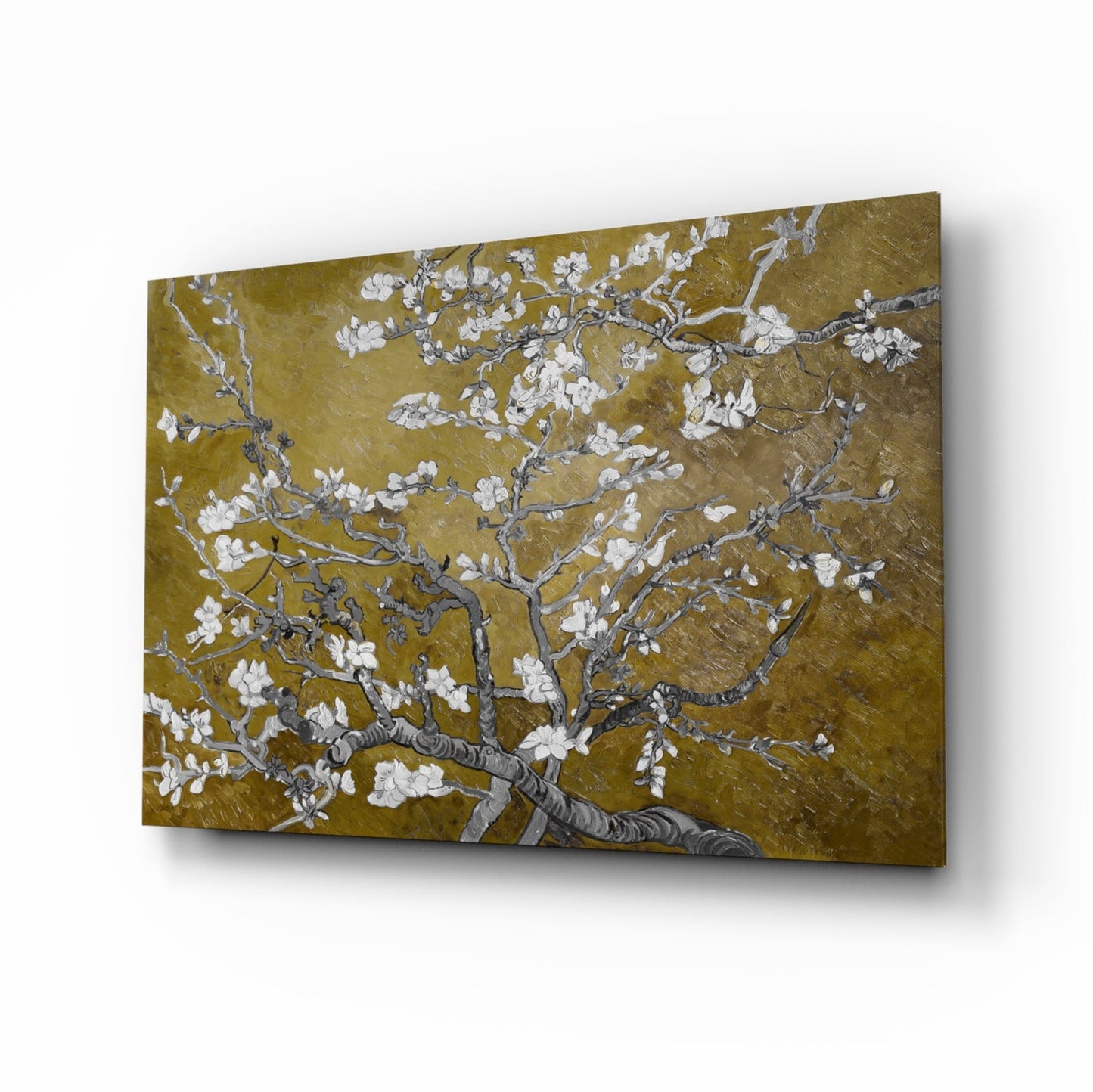 White Blossoms on Olive Gold Glass Wall Art