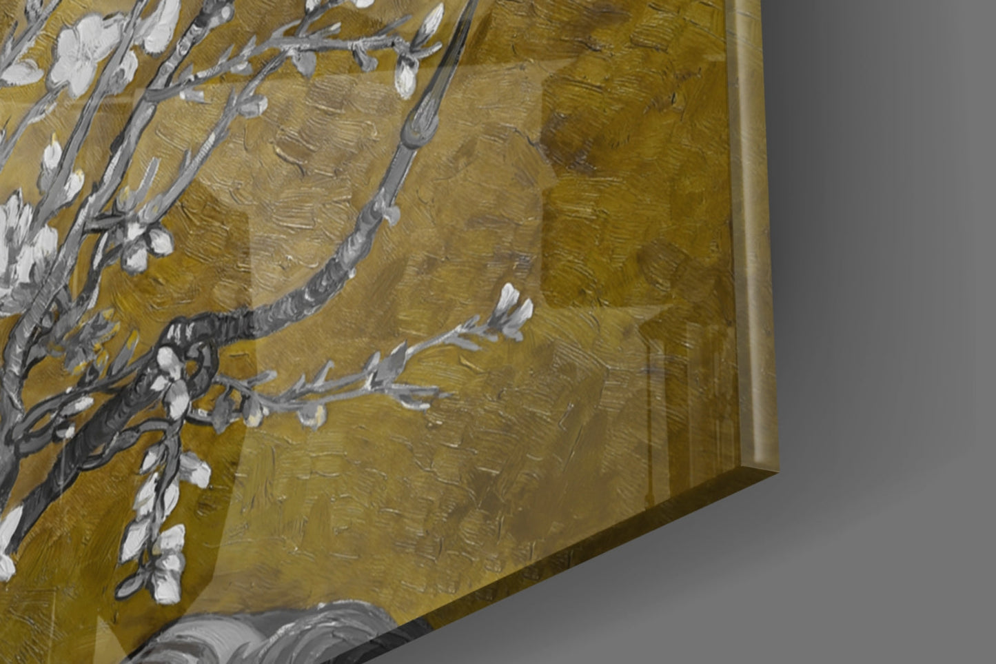 White Blossoms on Olive Gold Glass Wall Art