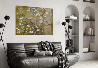 White Blossoms on Olive Gold Glass Wall Art