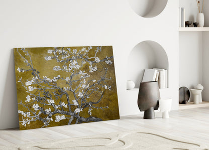 White Blossoms on Olive Gold Glass Wall Art