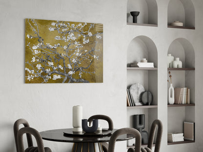 White Blossoms on Olive Gold Glass Wall Art