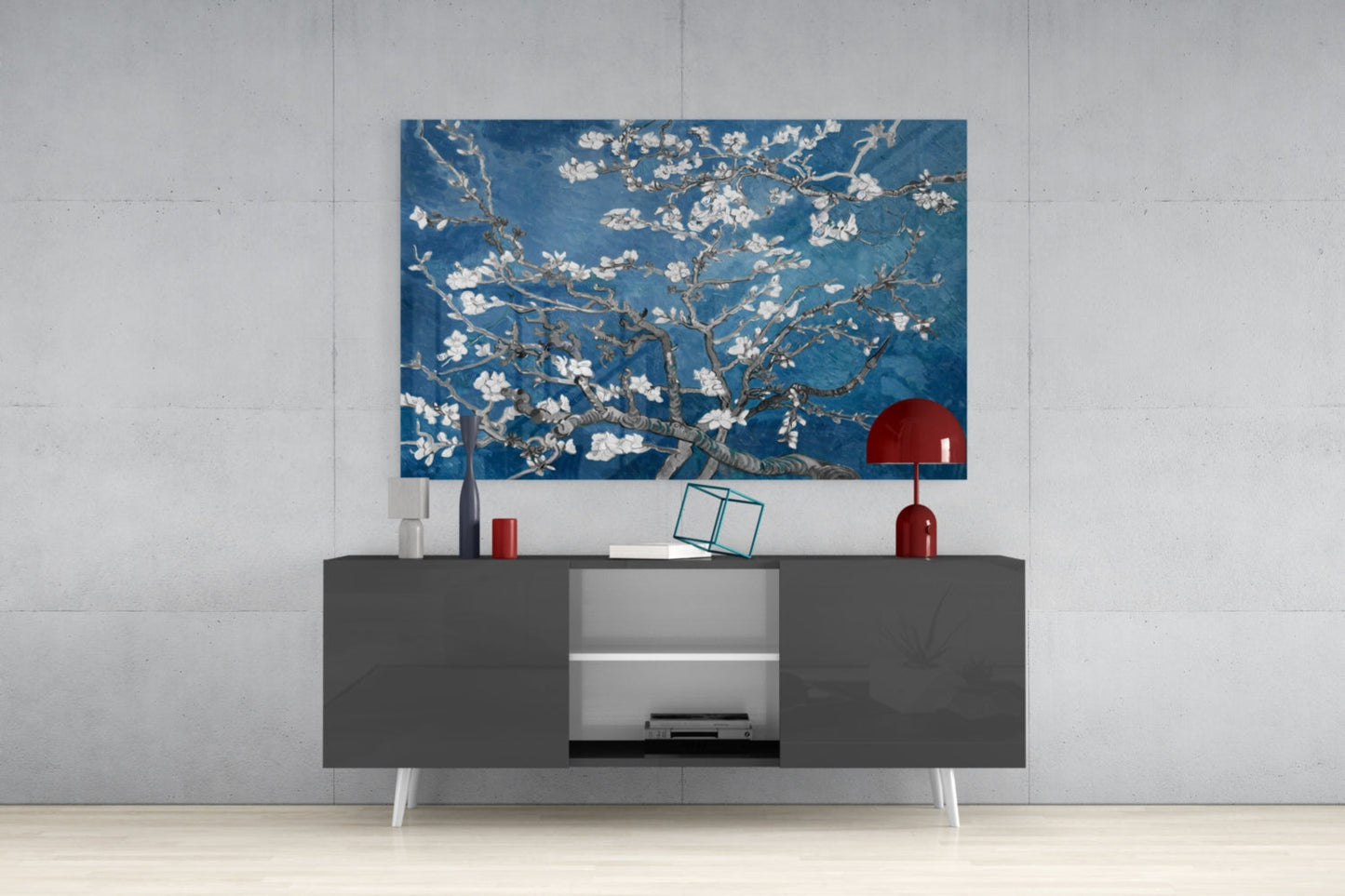 White Blossoms on Deep Blue Glass Wall Art