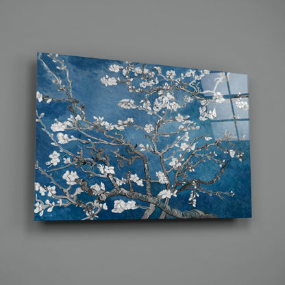 White Blossoms on Deep Blue Glass Wall Art