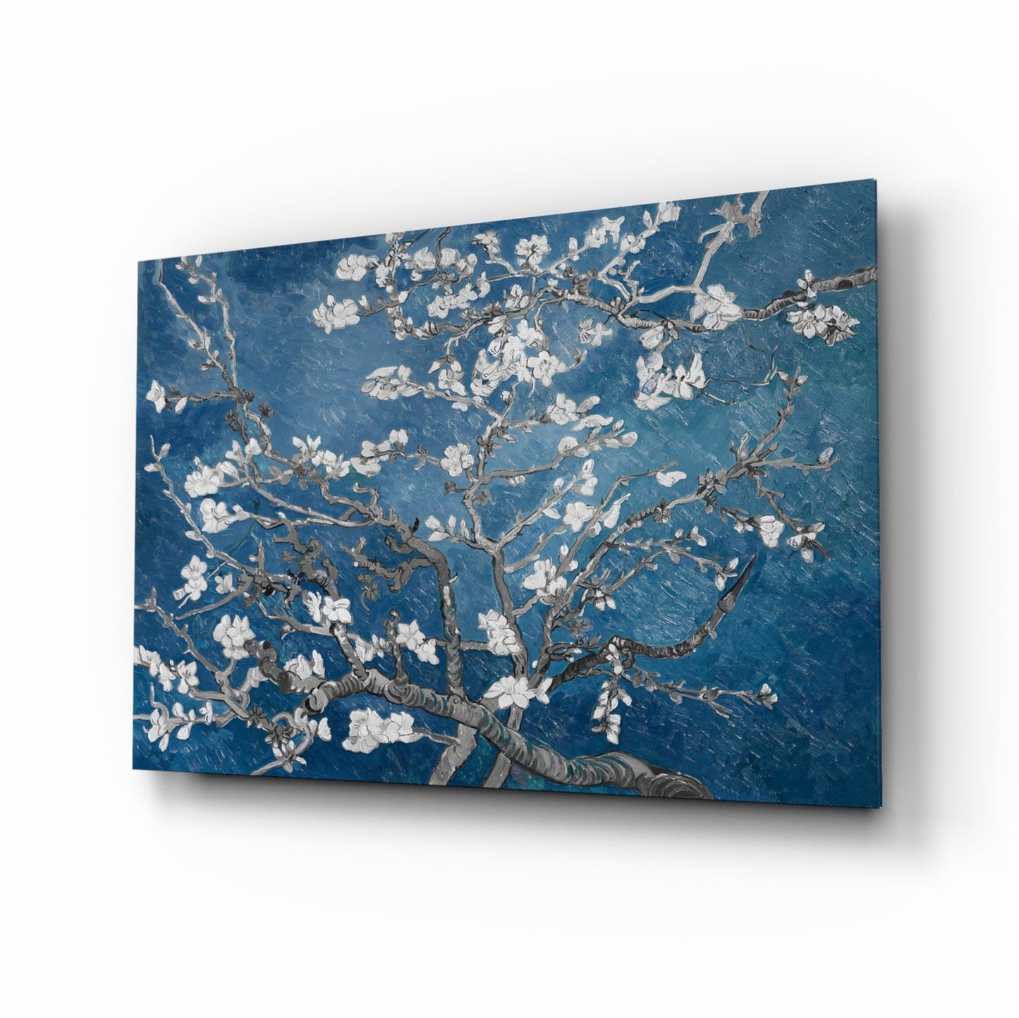 White Blossoms on Deep Blue Glass Wall Art