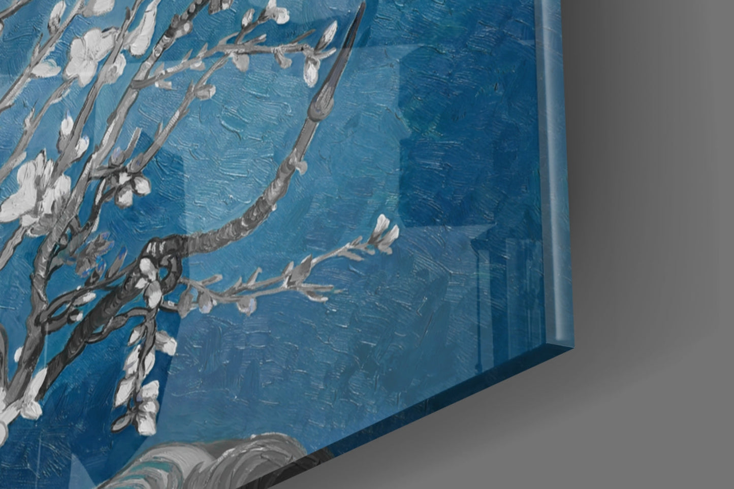 White Blossoms on Deep Blue Glass Wall Art
