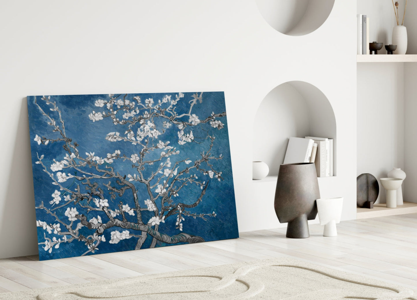 White Blossoms on Deep Blue Glass Wall Art