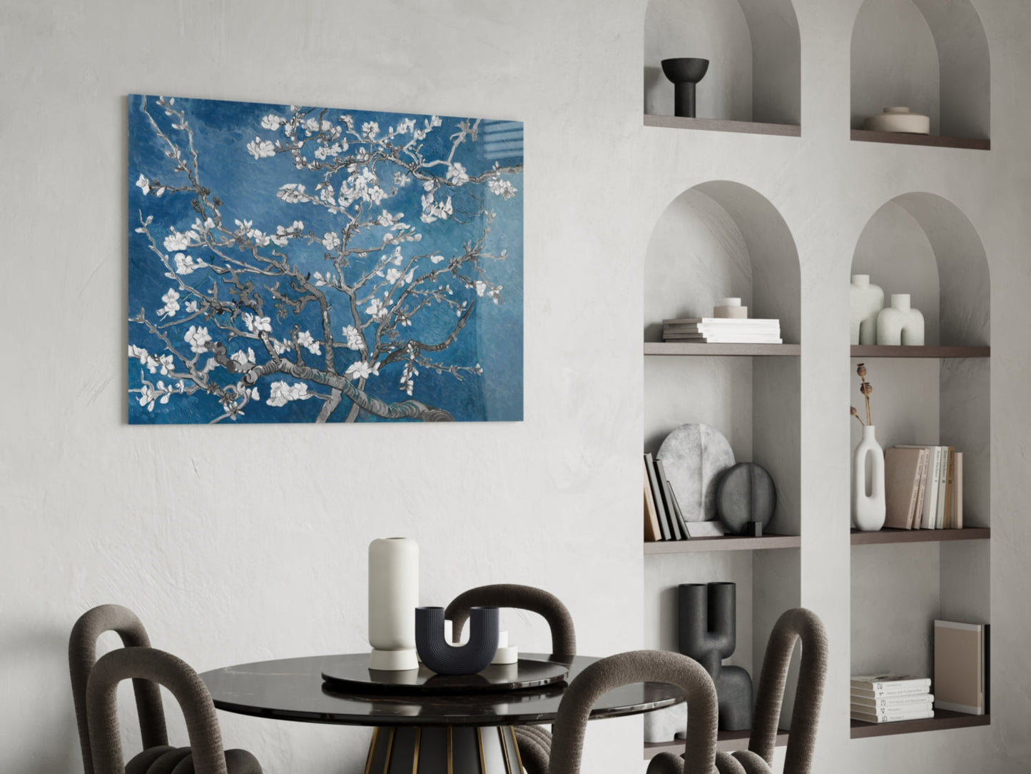 White Blossoms on Deep Blue Glass Wall Art