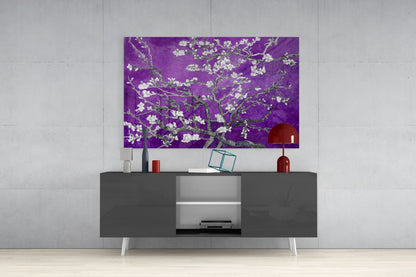 White Blossoms on Vivid Purple Glass Wall Art