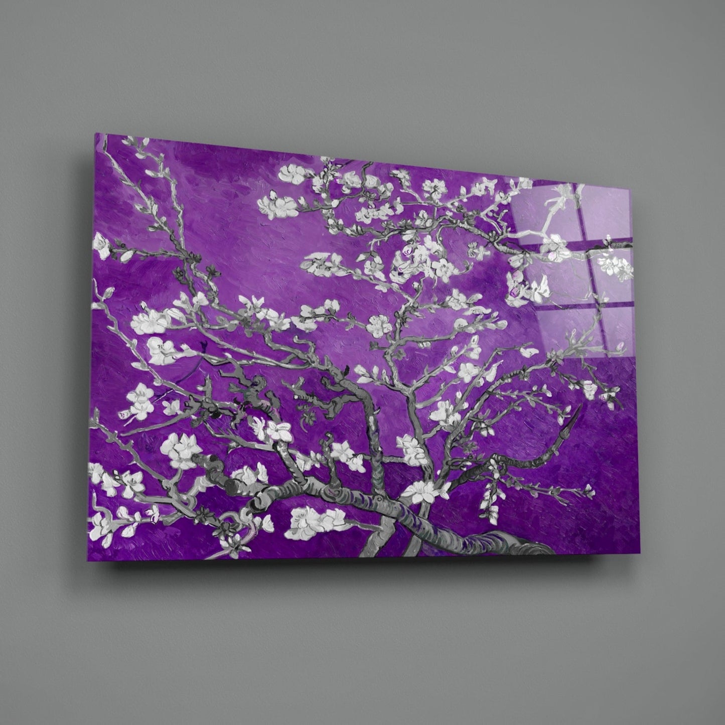 White Blossoms on Vivid Purple Glass Wall Art