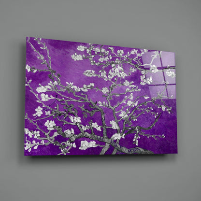 White Blossoms on Vivid Purple Glass Wall Art