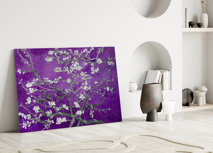 White Blossoms on Vivid Purple Glass Wall Art