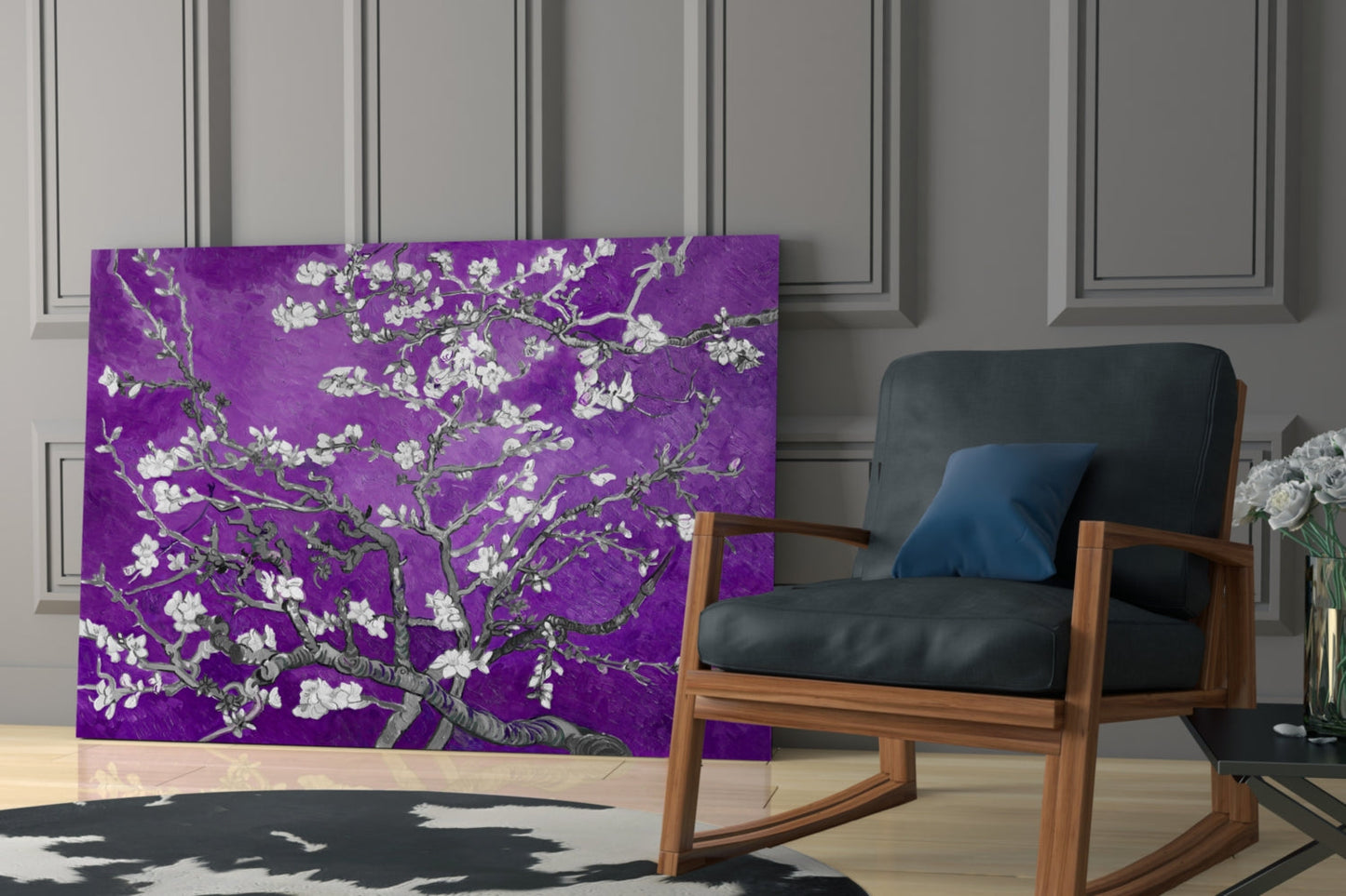 White Blossoms on Vivid Purple Glass Wall Art