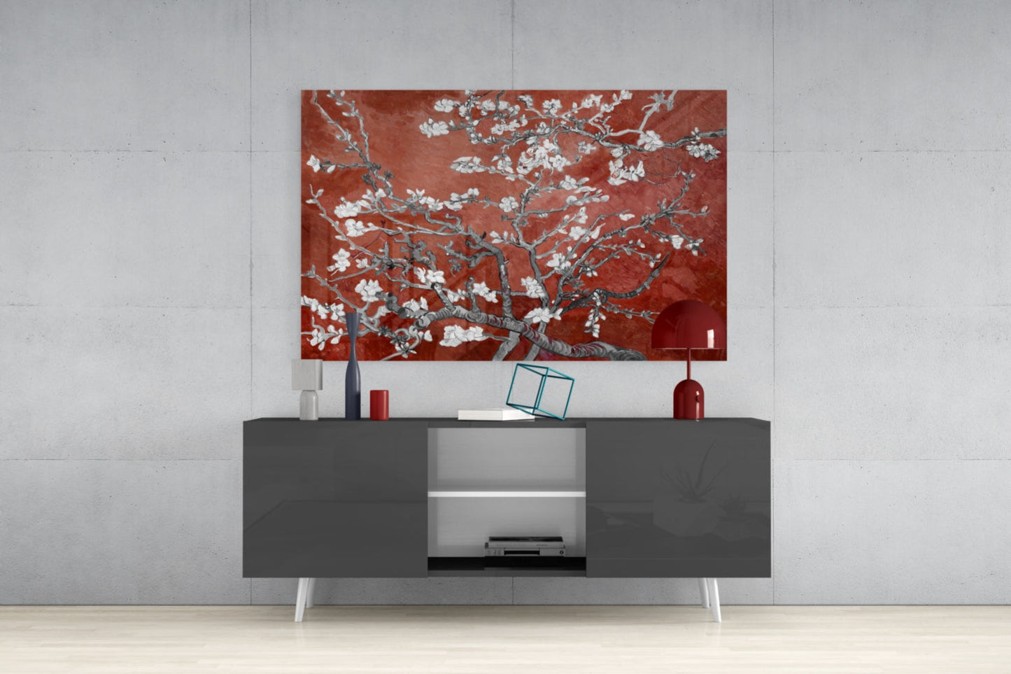White Blossoms on Terracotta Red Glass Wall Art