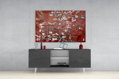 White Blossoms on Terracotta Red Glass Wall Art